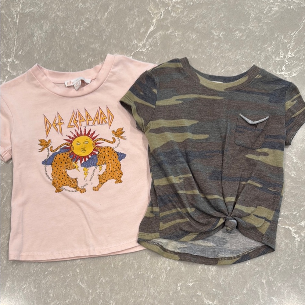 GB Girls Pink Def Leopard Graphic Tee and Camouflage Knot Top Like New
